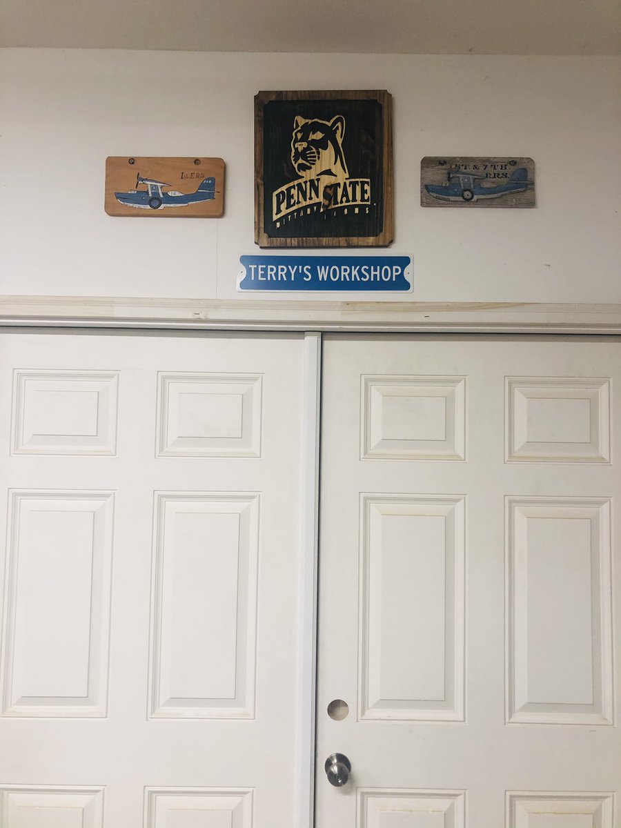 Just added this above my wood shop entrance. My son Brian gifted me the “Terry’s Workshop” sign. The planes on both sides are my Dads handy work. He flew in the Catalina during WW2, air and sea rescue! Fun to have my Dad’s stuff exhibited ... he had the passion with woodworking.