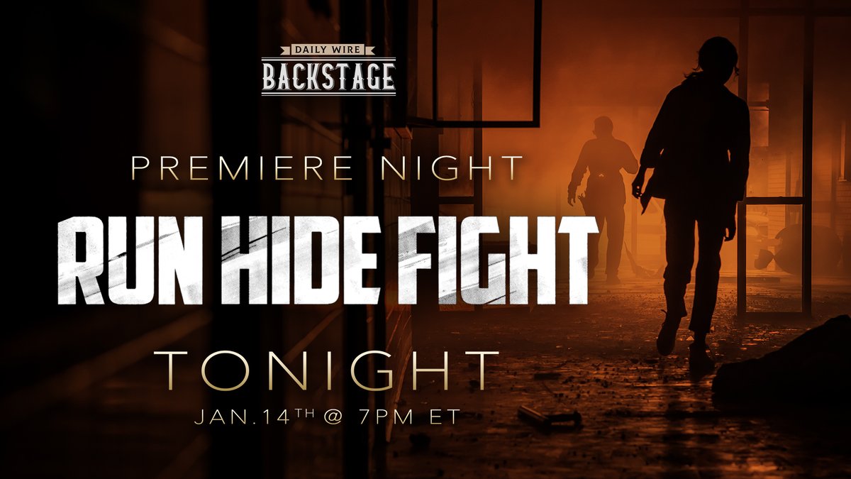 realDailyWire's tweet photo. TONIGHT: Join god-king @JeremyDBoreing, @benshapiro, @michaeljknowles, @MattWalshBlog, @andrewklavan and @ElishaKrauss for the premiere of our new film: Run Hide Fight! Everyone is welcome to watch today only! Watch here: https://t.co/L94MX5Pd8m https://t.co/wm6ogEtPZr