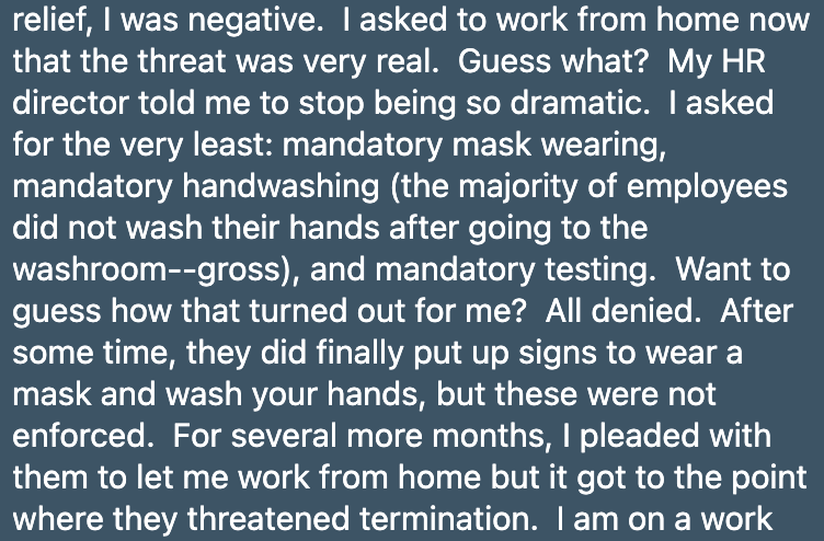 Tech worker on a work Visa so quitting not an option and whose job can be done online told nope, if people on factory floor have to come in, so do you, oh, and also, stop being so dramatic.