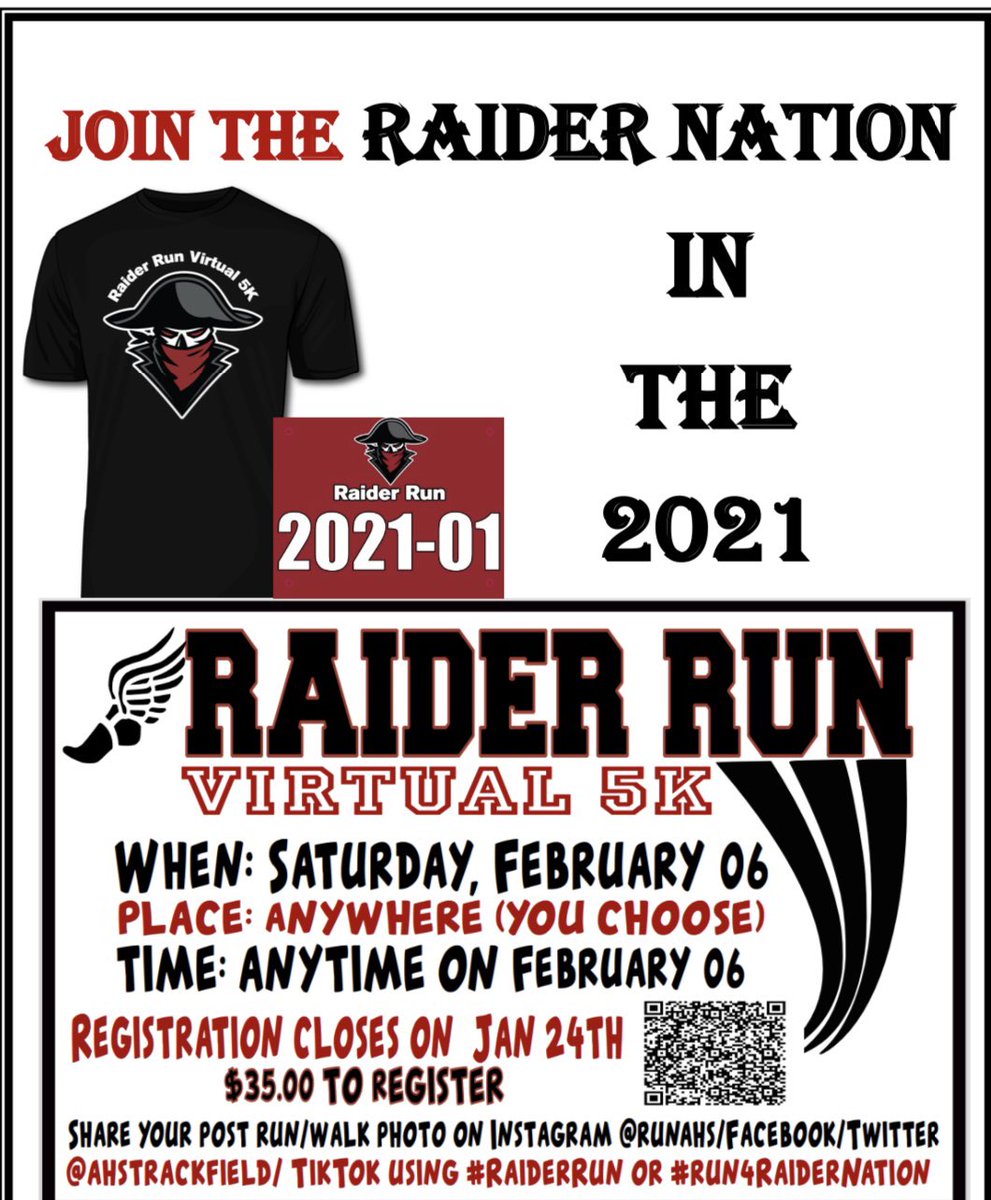 JasonKervin's tweet photo. Let’s all sign up and help these track kids get their season going.  We could all use a 5K to get off some of this Christmas weight.  #1RAIDER @AHSFootball @RaiderSport https://t.co/kZ517mSUus