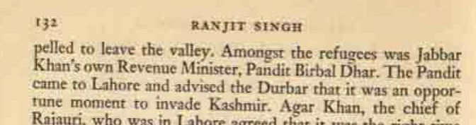 (9)Tired of Jabar Khan's atrocities, Mirza Pandit Dhar & his son Birbal Dhar met Maharaja Ranjit Singh, appealing him to free Kashmir from the tyrant Afghan rule. During the  #SikhEmpire rule, there was religious tolerance and peace, on the whole.