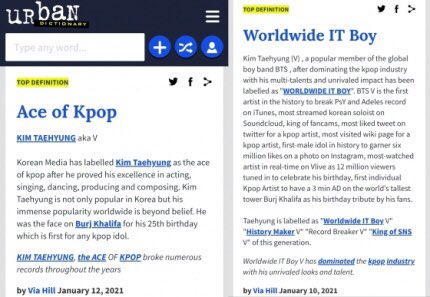 Bts V News En Twitter Naver The Urban Dictionary Has Revealed More Definitions That Represent Btsv And They Re Big Also Associated W His Name Are The Phrases Ace Of Kpop And