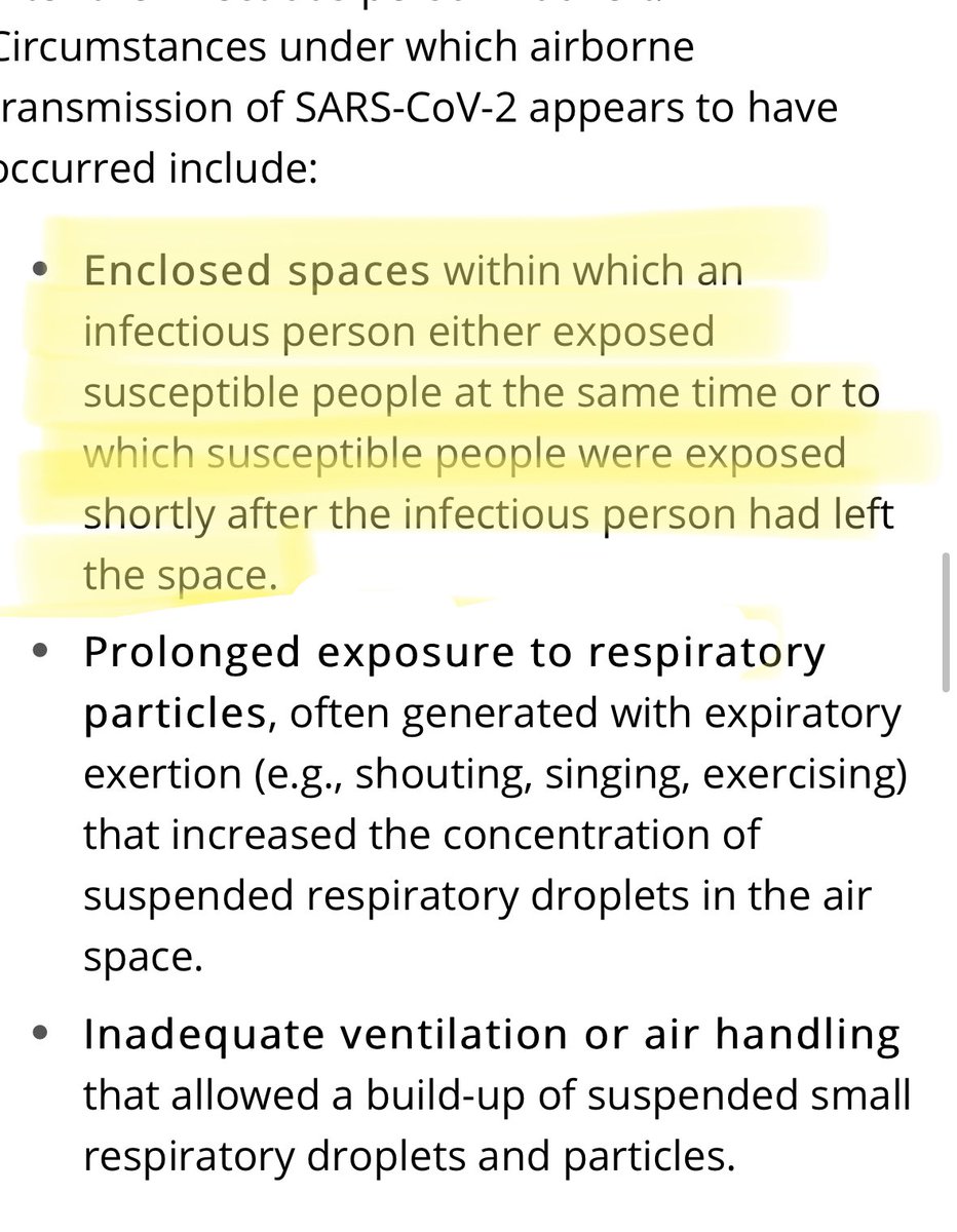 2/ On a separate page, they talk about the presumption that most transmission of  #covid19 is happening via droplets but in *special circumstances* transmission happens via aerosols as wellWhat are those?Enclosed spaces w/ poor ventilation https://www.cdc.gov/coronavirus/2019-ncov/more/scientific-brief-sars-cov-2.html