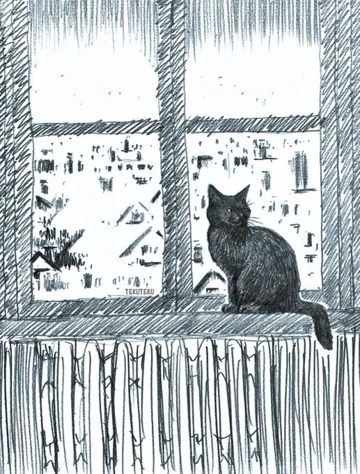 暖房で上機嫌の黒猫にゃんと窓の外の雪景色♪
 #鉛筆画 #illustration #何度でも見てほしいお気に入りを貼るタグ (=^・^=)♡ 