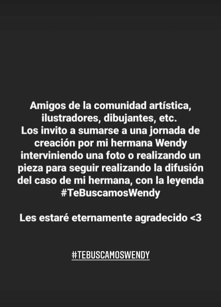 LuisMaya80's tweet photo. ¡DESAPARECIÓ UNA AMIGA Y GRAN COLABORADORA EN LA PRODUCCIÓN! POR FAVOR, LES PEDIMOS NOS AYUDEN A COMPARTIR CON EL #TeBuscamosWendy 
GRACIAS AMIGOS!! ¡PAZ Y BIEN PARA TODAS Y TODOS! https://t.co/K7jWqYwCb6