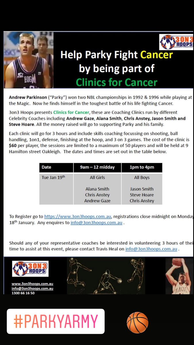 wudzyinc's tweet photo. The basketball community has stepped up once again to help raise money for Parky. This time it's basketball clinics run by some of the greats of Australian Basketball. #parkyarmy 👊@AndrewGaze10 @ChrisAnstey13 @parkyarmy14 https://t.co/weCaqHmN8T