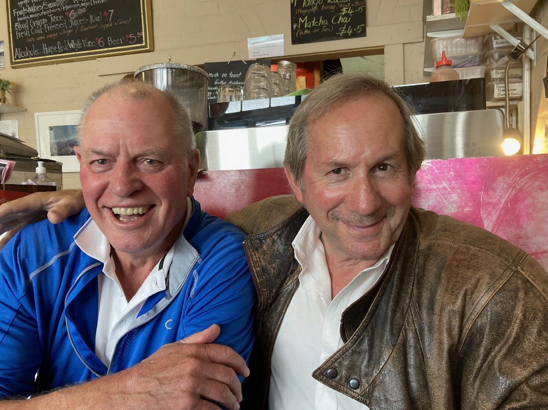 tony_debolfo's tweet photo. Sighted with the Tasmanian Tiger in a Hobart coffee shop today was Geoff Southby, who sought out his old teammate and fellow dual Carlton Premiership player Brent Crosswell while touring the Apple Isle. https://t.co/rSK0b4WHWI