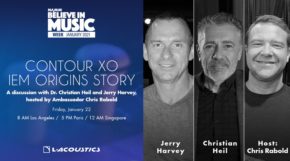 L_ACOUSTICS's tweet photo. .@L_ACOUSTICS Founder Christian Heil & IEM pioneer Jerry Harvey of @JHAudio will be interviewed by FOH Engineer @ChrisRabold as part @NAMMShow!
Join the visionaries for a conversation on #ContourXO & the #futureofsound.
Learn more at https://t.co/ZtVGTcOMk7
#NAMM2021 https://t.co/tBm1bk07Lp