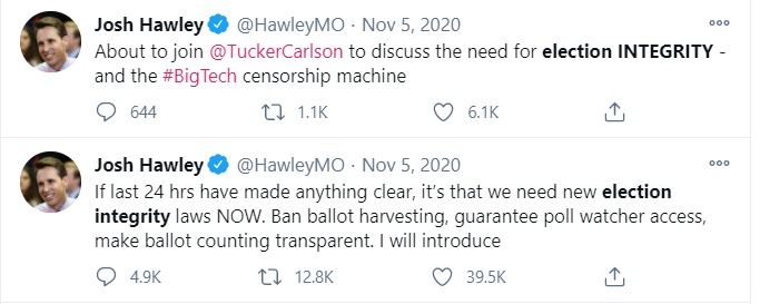 So Joshua started this fake call for election integrity--a call he'd never made before. At first he threw the whole kitchen sink out there--BigTech, ballot harvesting, poll watchers, counting, etc.Sowing doubt. Fanning the flames.5/