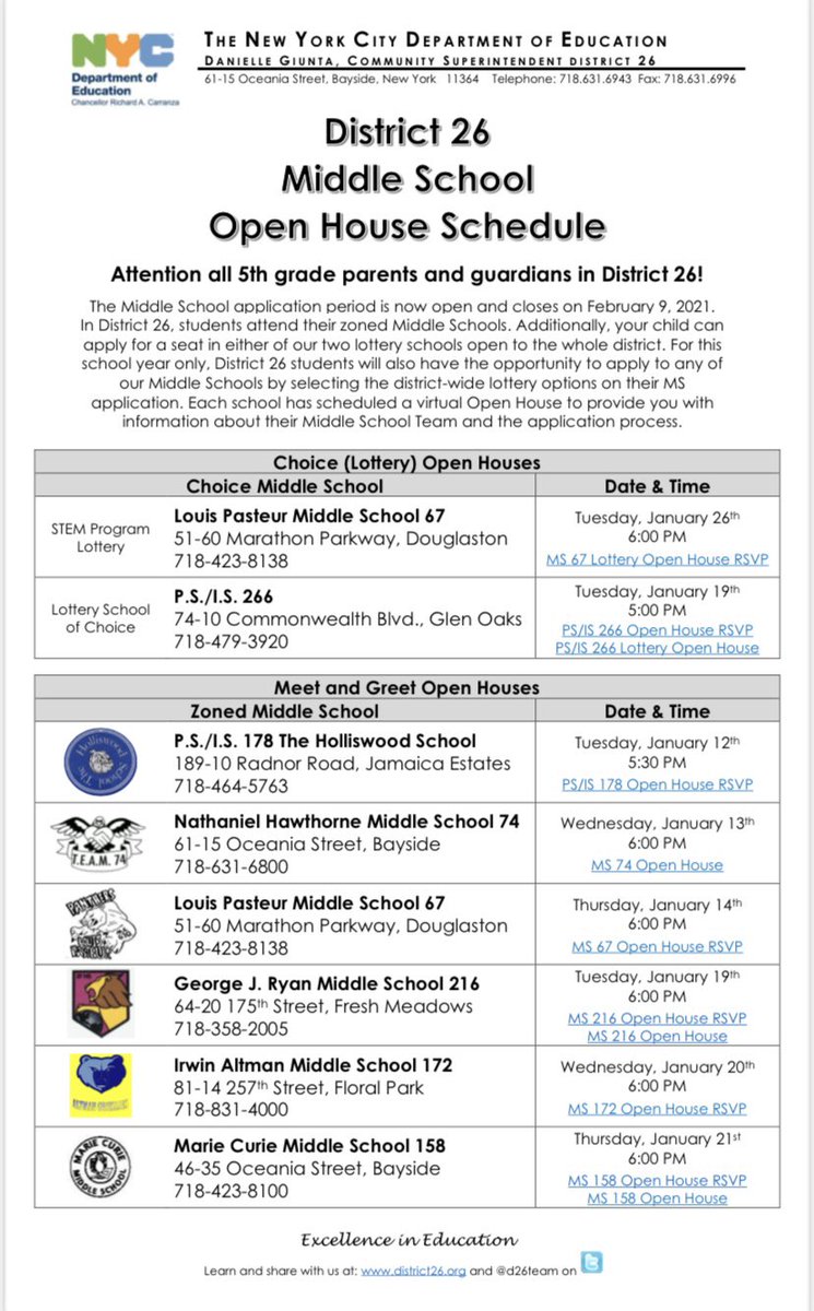 District 26 Attn Gr 5 Parents Middle School Applications Are Open Through February 9th Students In D26 Can Attend Their Zoned Ms Apply To Our 2 Lottery Schools Ps Is 266 District 26 Attn Gr 5 Parents Middle School Applications Are Open Through February 9th Students In D26 Can Attend Their Zoned Ms Apply To Our 2 Lottery Schools Ps Is 266