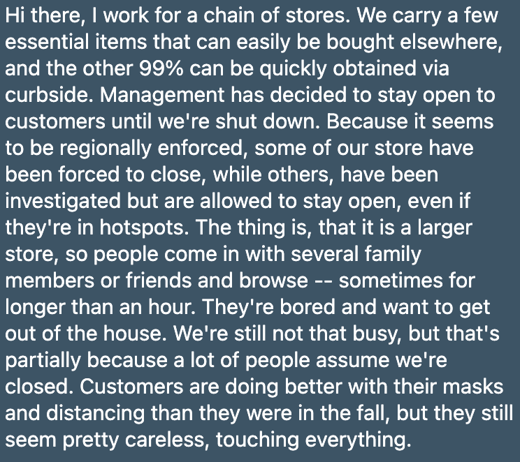 Guess what happens when you're a big box store that sells a few essential items and the rest not? You stay open, that's what