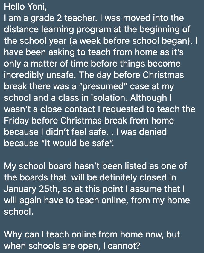 So, ever so slightly off thread but wtf? This Grade 2 teacher who has been teaching a *virtual* class all year is finally able to do so from home, because up until this most recent "lockdown" with school open, they were forced to teach their virtual class from within the school