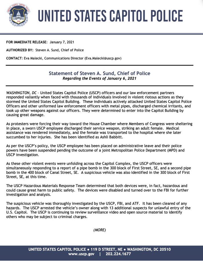 The official report of Capitol POLICE OF DEATH caused by riot was Ashli Babbitt. Look at 3rd paragraph. She was shot by an employee not a police officer.