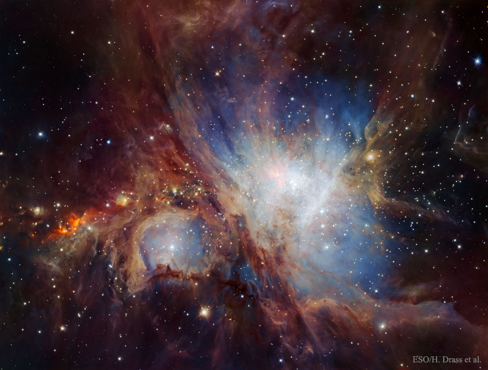 Magnetic fields also shape the dense nebulae of gas where stars are born. One beautiful example is the Orion nebula, where we can see these dense filamentary clouds of gas condensing in what will be newborn stars. Like storm clouds, they are about to rain... stars. Credit:ESO/VLT