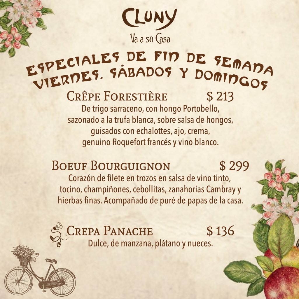 clunymexico's tweet photo. ¡ESPECIALES DE FIN DE SEMANA!
Consulte nuestro menú, con más platillos para deleitarse.
¡Servicio para llevar y a domicilio!
Haga su pedido ahora a los teléfonos:
☎️5550-7350, 5550-7359 y 55 5616-3582
o escríbanos vía Whatsapp!
🤳🏻55 8770 6465
También UberEats y Rappi. 🛵 https://t.co/Js1r7ANbxQ