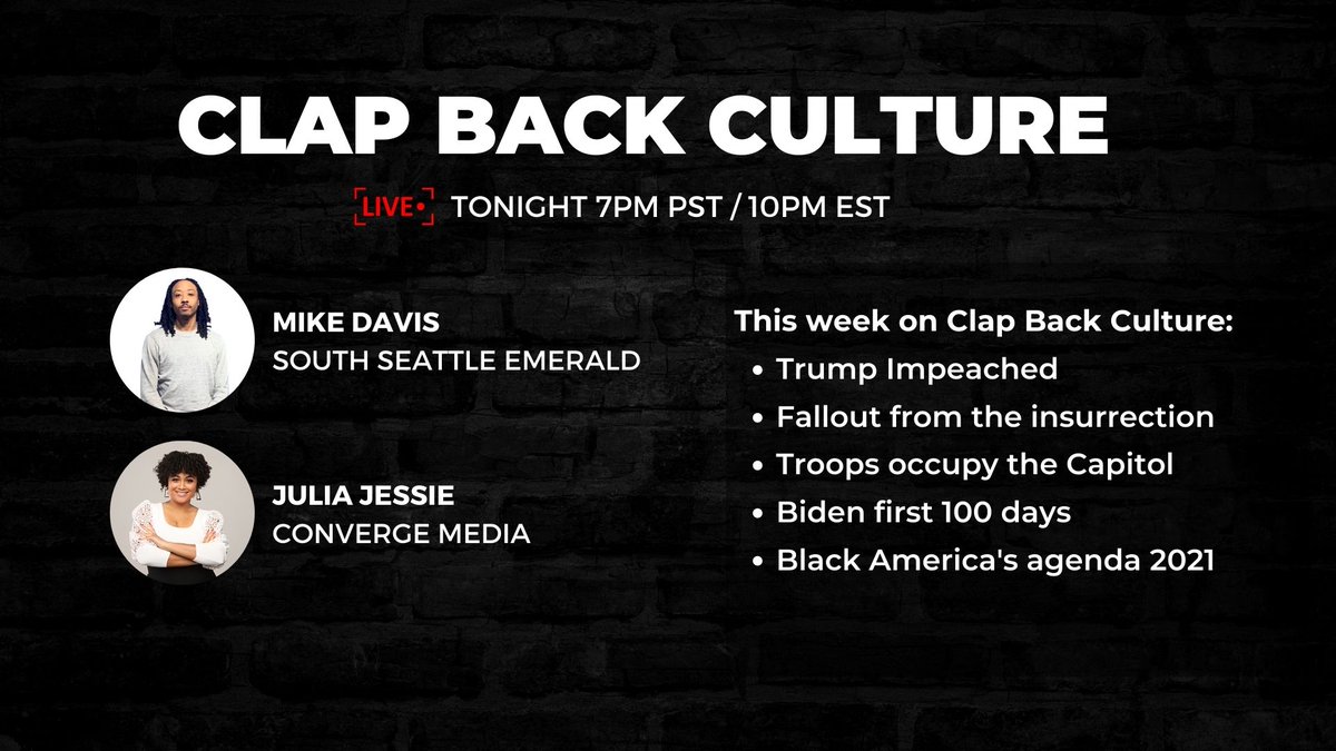 WWConverge's tweet photo. Ya'll ready for #ClapBackCulture tonight? @treasureofjules and @RealMDavis are talking #TrumpImpeachment + #CapitolRiots + @JoeBiden first 100 days and more.

Tune in right here on Twitter at 7pm pst. https://t.co/Mwi28v8809