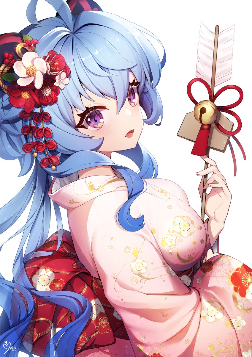 ganyu (genshin impact) ,paimon (genshin impact) 1girl japanese clothes solo kimono blue hair long hair pink kimono  illustration images