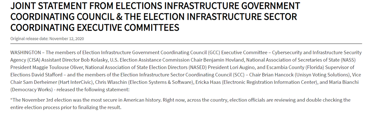 November 12th --Two days later, the Department of Homeland Security comes out to say that the 2020 election was (contrary to what Hawley says) "the most secure in American history."13/