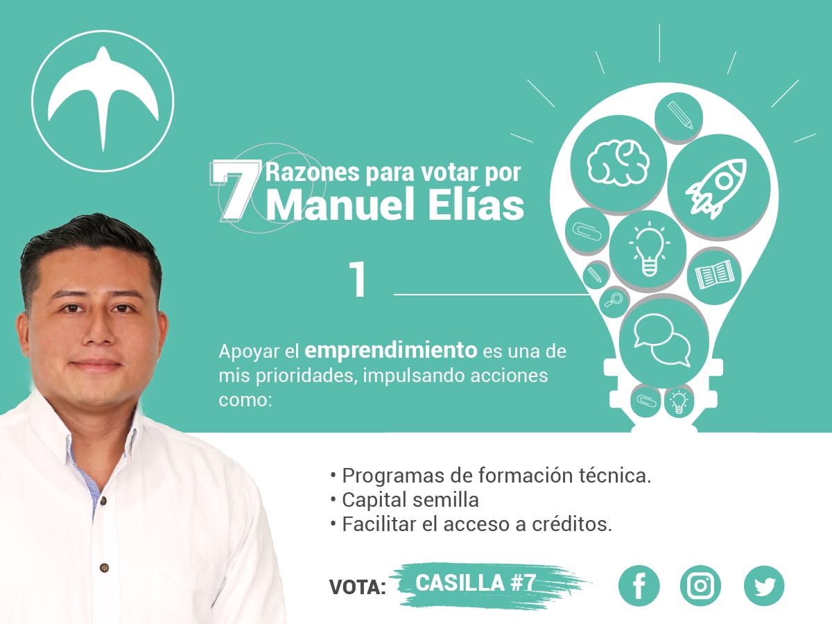 ManuElias7_'s tweet photo. A partir de ahora, presentaré mis propuestas en esta red social, las cuales se enfocarán en 7 áreas distintas.

Propuesta 1: Emprendimiento. https://t.co/5WYRMFtxTw