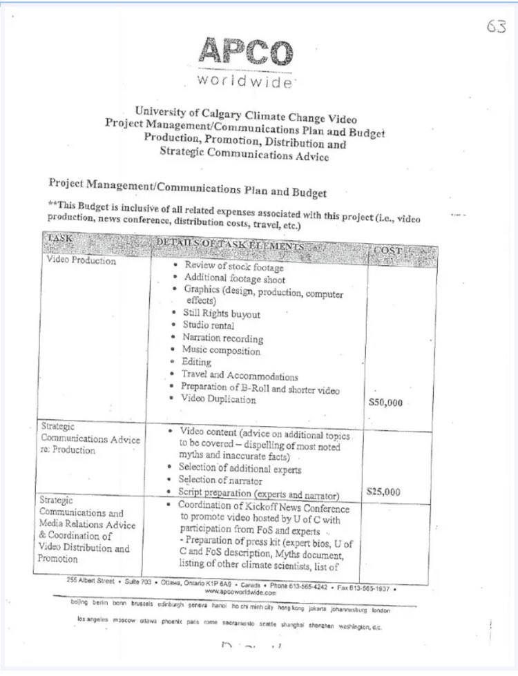 Their response included documents like this invoice from an international public relations and lobbying firm, hired to produce a documentary video to promote climate denial.