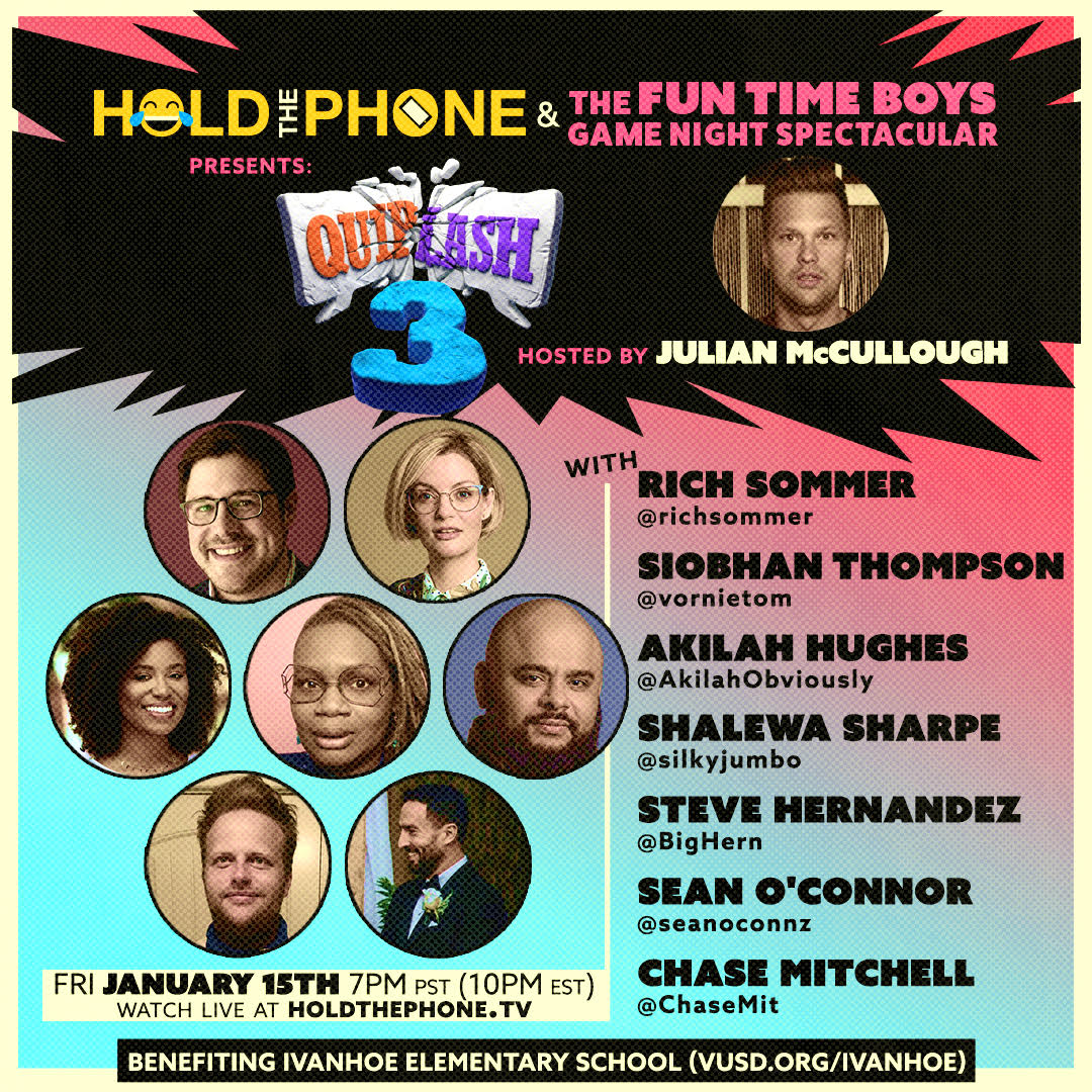ChaseMit's tweet photo. TOMORROW we're back on https://t.co/aj2Z6o68aO with @julezmac mercifully subbing in as host for the demoted @seanoconnz, and a SUPER fun lineup: @richsommer! @vornietom! @AkilahObviously! @silkyjumbo! @BigHern! Me! Benefiting school programs at Ivanhoe Elementary - Watch! DONATE! https://t.co/lrTk9qgqko