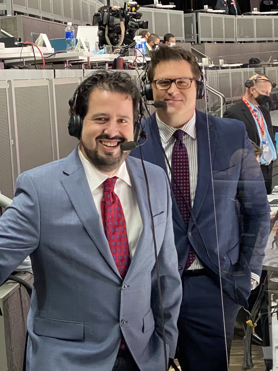 TSNRyanRishaug's tweet photo. Good to see @EdmontonJack all ready to go tonight.  Officially a competitor, still a good friend, and in good company with @LouDeBrusk  And so happy for the one and only Cam Moon - (not on Twitter yet 🤷‍♂️) So good to see great things happen to great people.  Have a good call men! https://t.co/QiLC29ldIY