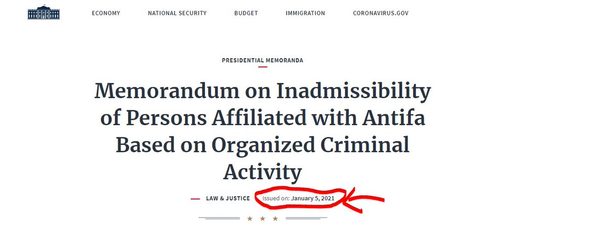 I wonder why Trump signed this on the 5th? https://www.whitehouse.gov/presidential-actions/memorandum-inadmissibility-persons-affiliated-antifa-based-organized-criminal-activity/