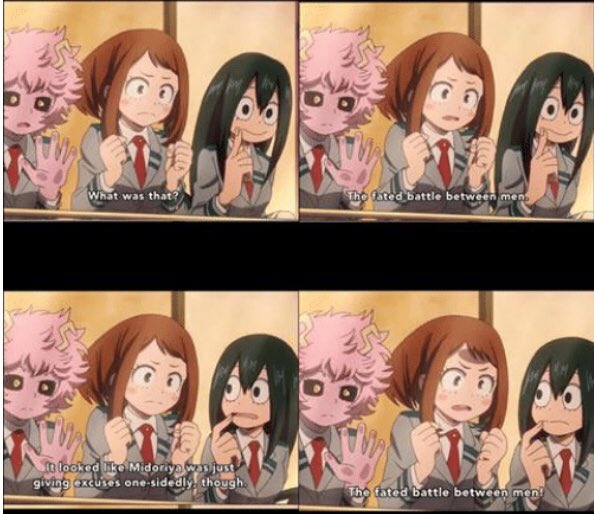 unfortunately or fortunately for him ochaco has seen it all and that's what (I think) helped her to understand him            (she defends him tenaciously)