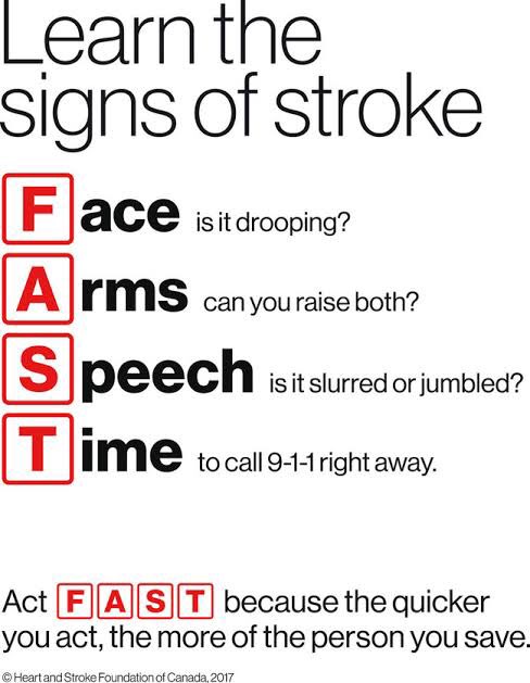 Anyone want a stroke recovery update? Sure? Okay. Was pretty good finally for many hours and now not so much- tired and bummed out about that. And so it goes. The end. Yes yes. Taking care. Here’s your reminder of signs of stroke. (Did I ever say what mine were?)