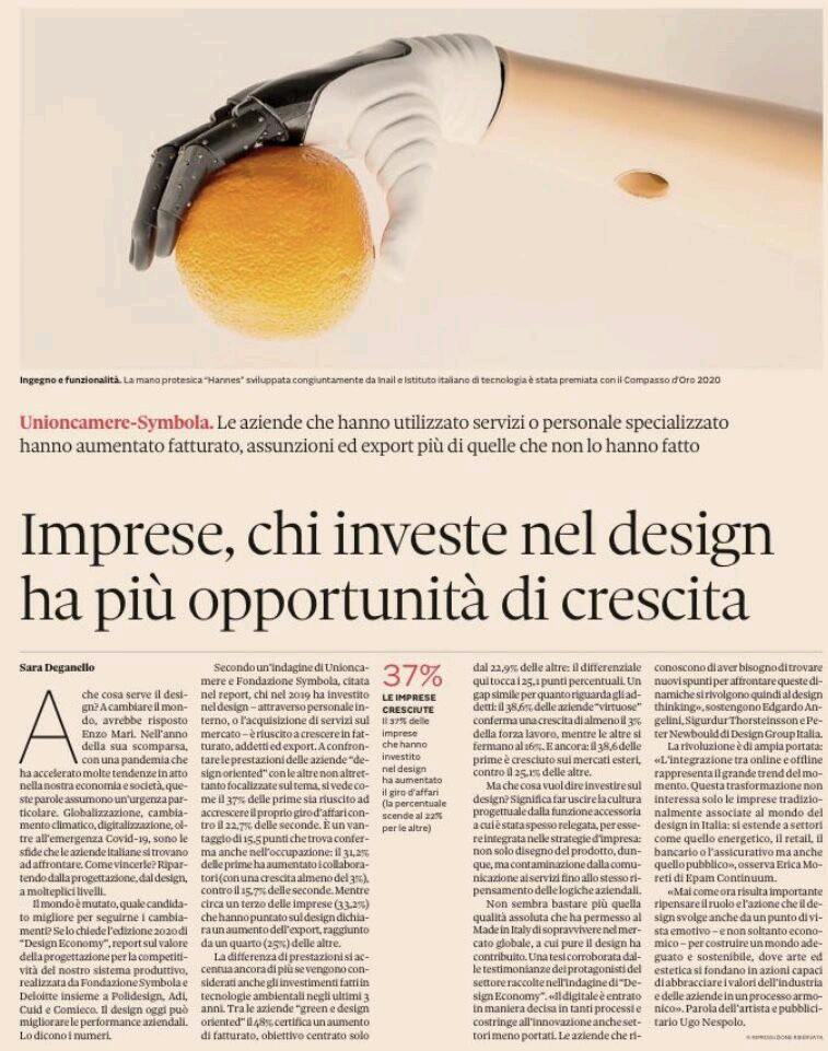 Imprese, chi investe nel #design ha più opportunità di crescita. Il 37 per cento delle #imprese che hanno investito nel design ha aumentato il giro d'affari (la percentuale scende al 22 per cento per le altre). | #Italia #covid19 #digitale #designeconomy #economia #investimenti