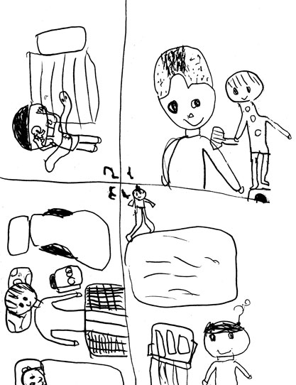 娘作4コマ
1、妻が踏み台(がわりのカホン)に乗ってぼくの髪をバリカンで刈っている
2、息子があまりの変化に驚いて、泣いてしまった。
3、夜、泣きながら布団にもぐっている息子。妻の横にはゲームブック絵本が置いてある。
4、次の日、息子は機嫌が直って、落ち着いていた。 