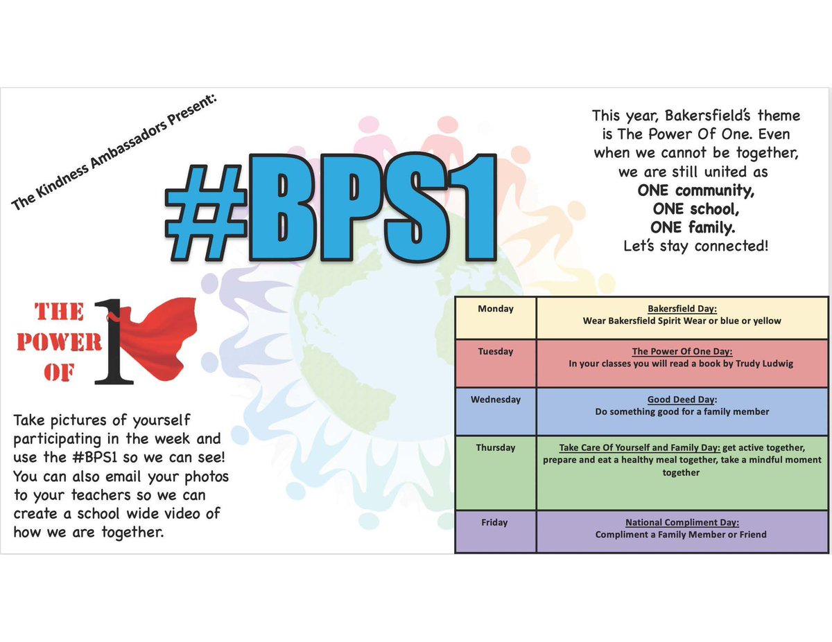 MsRoebuck_BPS's tweet photo. Next week @Bakersfield_PS is #BPS1 week. Even when we cannot be together, we are still ONE! Take a look at the video and the poster for how we are celebrating #BPS1. Send us your pictures using #BPS1 or email us! #powerofone https://t.co/FmGhemF3eg https://t.co/8hVjMYL8Nu