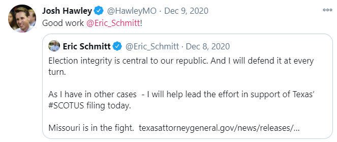 December 9 - Undeterred, Joshua encouraged Republican Attorneys General to file lawsuits against Pennsylvania--including Missouri's own Eric Schmitt.16/
