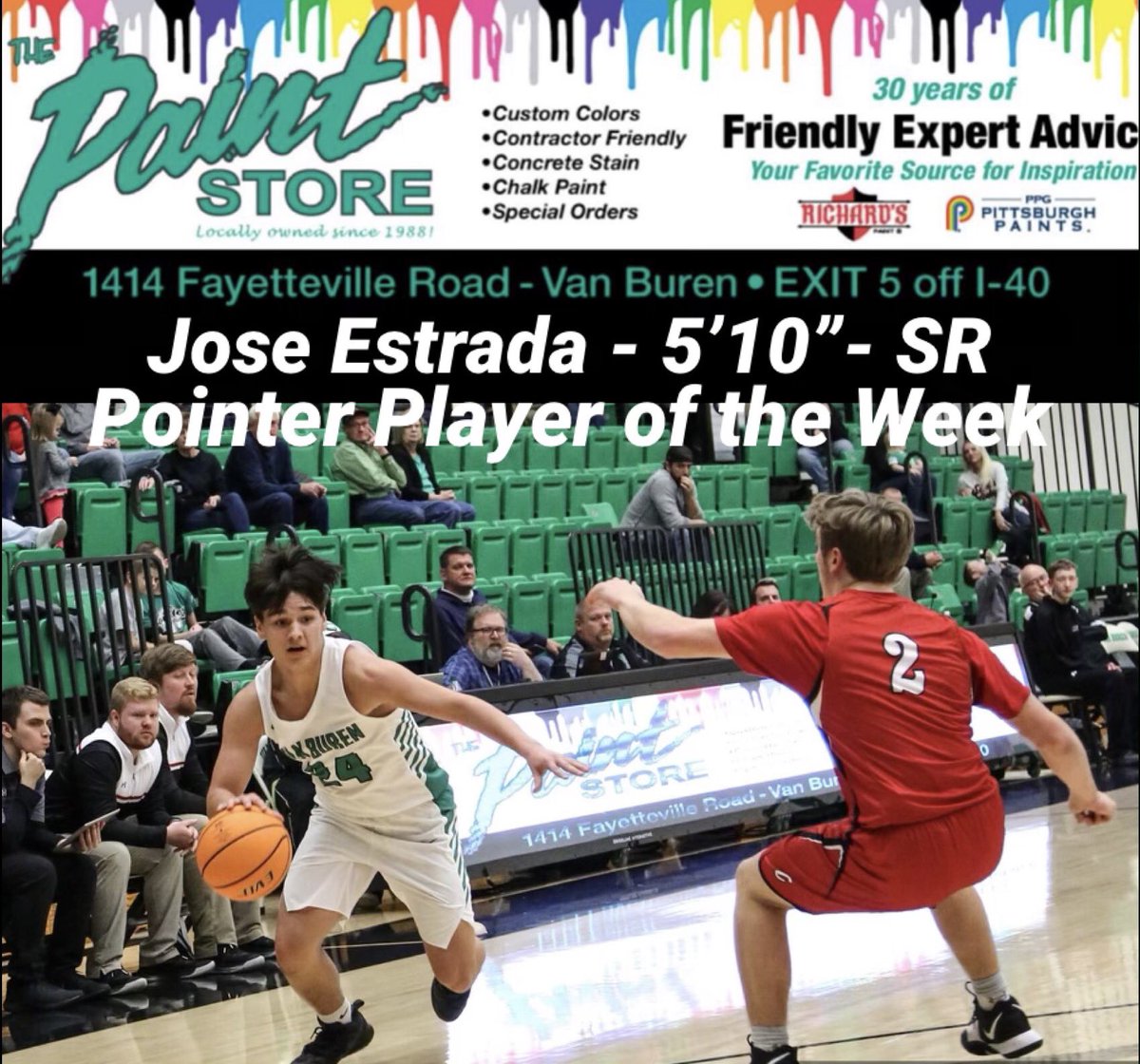 Jose Estrada - 5’10” Senior

The Paint Store
Pointer Player of the Week

Avg. 10 pts / 4 asst in a 1 -1 week
Hit 🖐🏼 3-ptrs at Greenbrier on his way to 17 pts in a huge team win!

Thank you to The Paint Store for the support!

m.facebook.com/ThePaintStoreV…