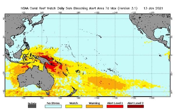 The map below shows that some areas to the west of Fiji are getting hot and need to start looking for coral bleaching. Fiji seems to be okay for now, but needs to keep an eye on it.