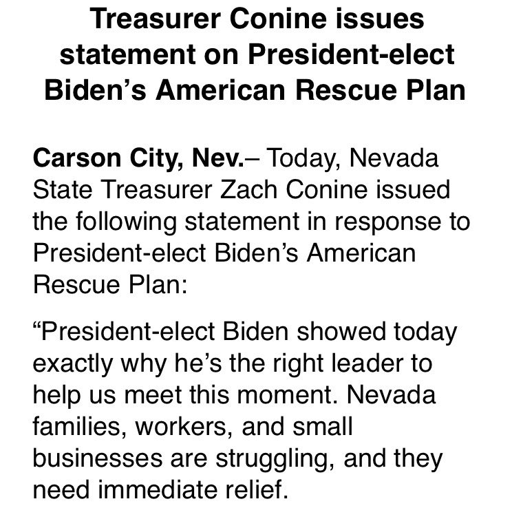 ZConine's tweet image. “The President-elect’s plan is a historic proposal that will revitalize our economy, getting Nevadans back to work and back on their feet. 

It recognizes that the first step toward economic stability is a strong national health response plan. “

Thank you, @JoeBiden!