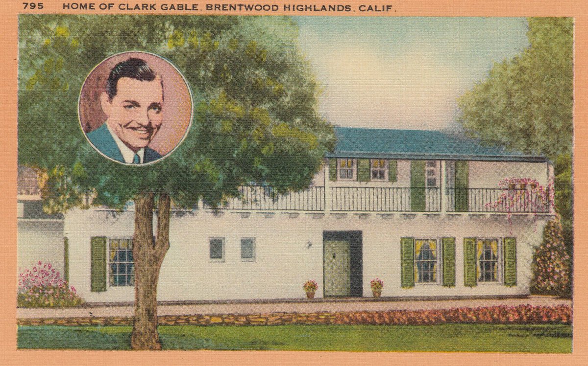 BHA90049's tweet photo. #TBT Check out this vintage postcard that depicts the Brentwood home of the late Hollywood icon, Clark Gable. The silver screen legend is just one of the many stars that have resided in our neighborhood over the decades. #BrentwoodHomeownersAssociation #BHA https://t.co/vEYDL6YVHZ