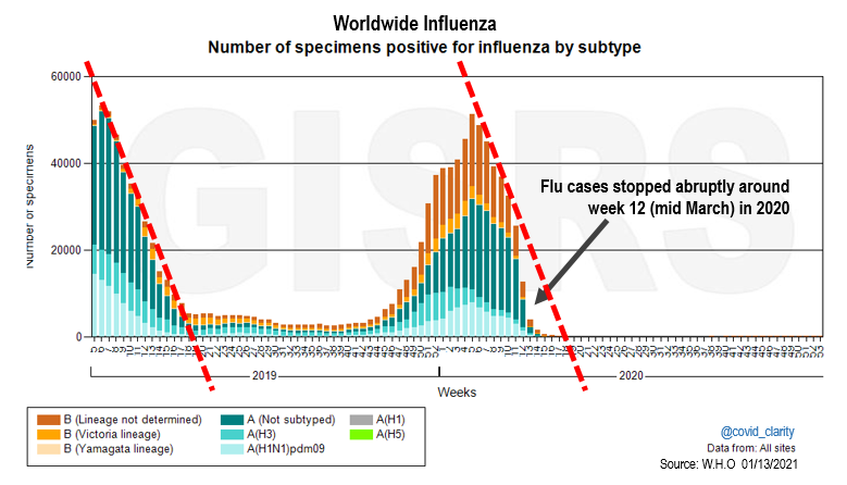 covid_clarity's tweet photo. The flu has been around for over a thousand years...

It abruptly vanished around week 12 (March) of 2020 👇 https://t.co/Xcfyc4wbab