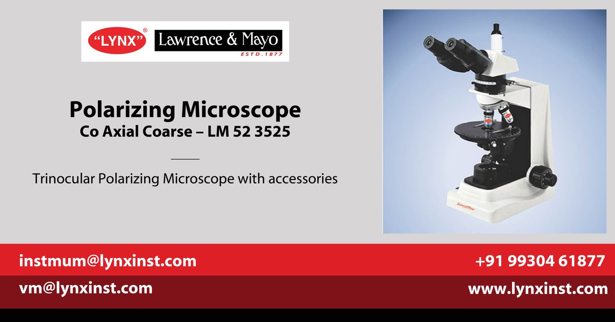 LYNX- Lawrence & Mayo have a range of microscopes for many applications.
Polarizing Microscope Co Axial Coarse – LM 52 3525
Visit: lynxinst.com/product/analyt…
#geologicalsciences #materialssciences #biology #chemistry #metallurgy #foodindustry #geology #medicine #teaching #industry