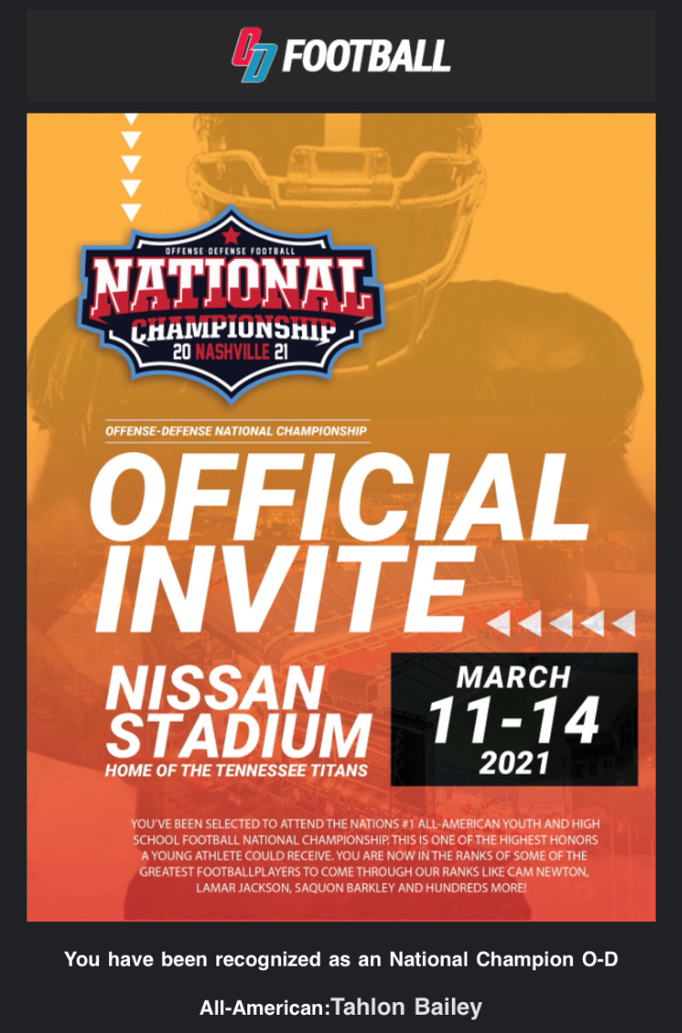 I want to thank <a href="/ODFootballCamps/">Offense-Defense Football</a> for the invitation to the Bowl Game taking place down in Nashville, TN. I recently attended one of their bowl games in Myrtle Beach and had a blast. The coaches were amazing as well as my teammates and the program. I can't wait for March!