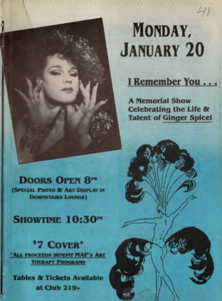 WisLGBTQHistory's tweet photo. January 1992:  Club 219 hosts "I Remember You,' honoring Ginger Spice (aka Richard Wyatt, 1960-1991.) BJ Daniels, Bobby Lyons, Chunga Noffke and Chris Gorski coordinate a 15-performer showcase, including #MimiMarks &amp; #AlexandraBillings of Chicago and 13 more. #lgbthistory (1/) https://t.co/Gb80S9bHUB
