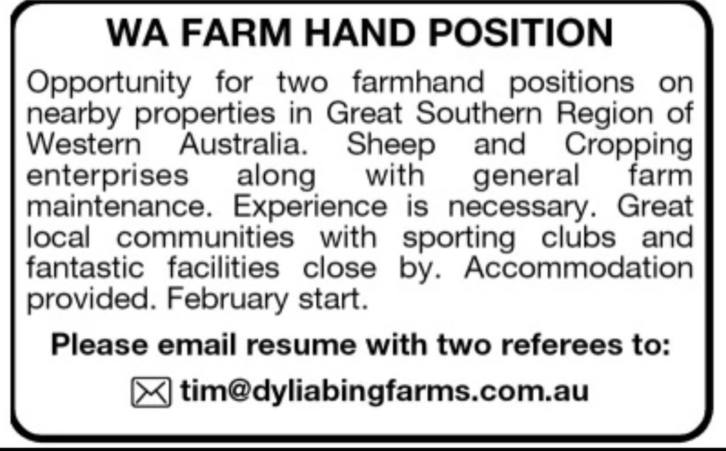 Great opportunity to fill two positions. One at Dyliabing Farms and one at Wiringa Park. RT appreciated.