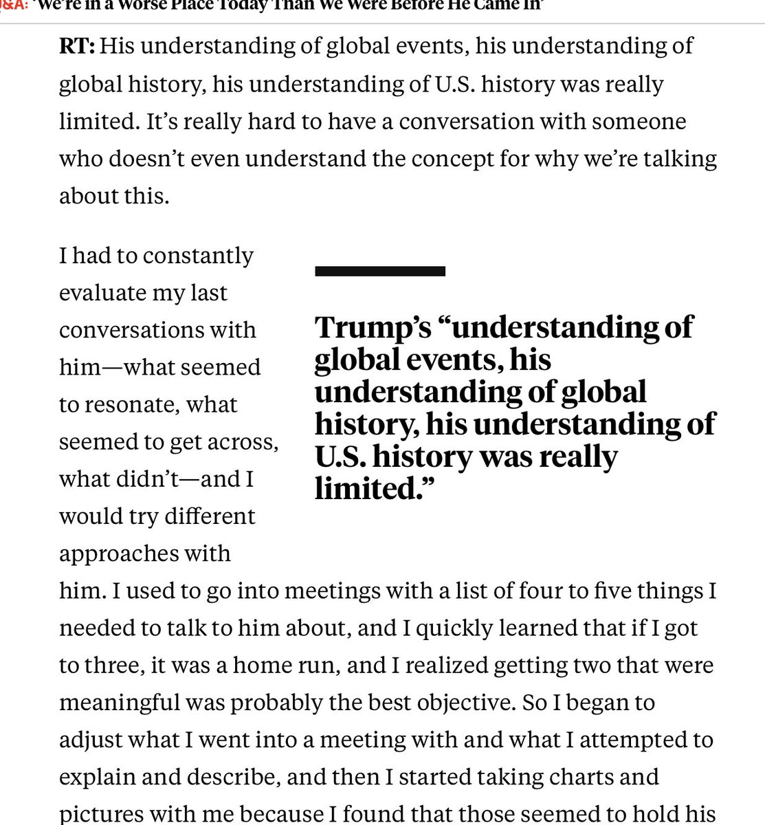 ....Tillerson gives the quick summary. Trump screwed up almost everything internationally, because he is stupid, didn’t want to learn, and made arbitrary irrational decisions based on how he felt about other leaders....