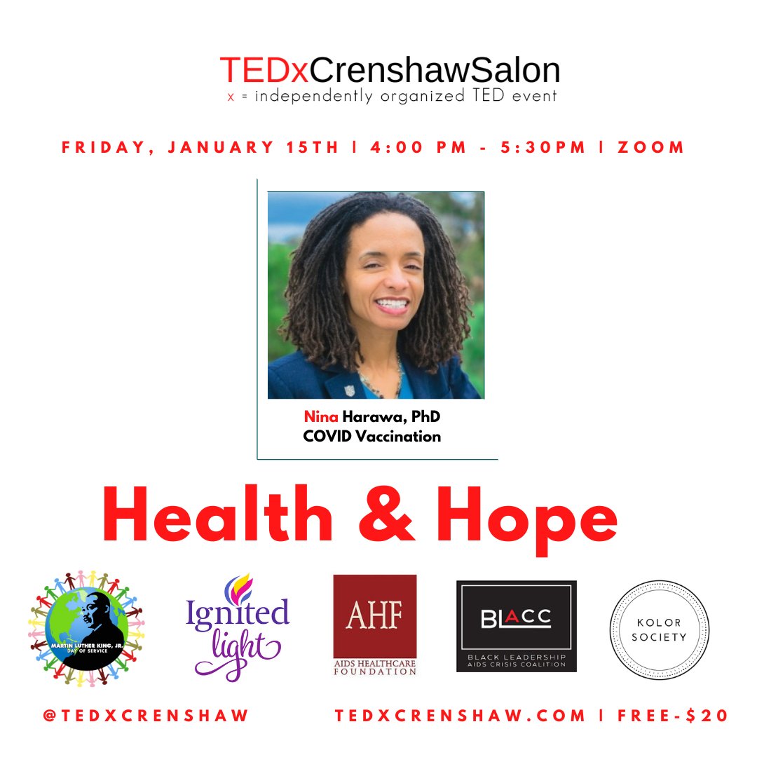 We are honored to have <a href="/Harawa_PhD/">Dr. Nina Harawa (she/her)</a> join our stage tomorrow to help educate us on the COVID vaccination! #TEDxCrenshaw #HealthandHope