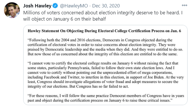 December 30--By the end of the month, Joshua issued a statement positioning himself as the champion of election integrity--being the voice of "millions of voters" objecting to the election "on their behalf."Sowing doubt. Fanning the flames.18/