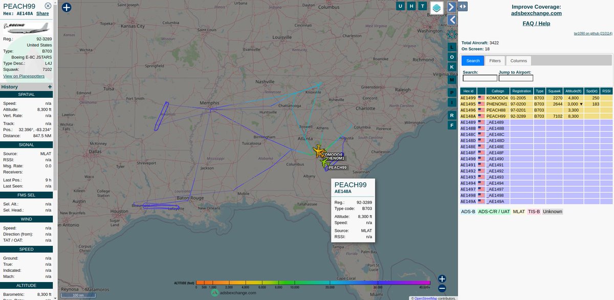 steffanwatkins's tweet photo. 🇺🇸 #USAF Boeing E-8C JSTARS aircraft been noticed by the network of #ADSBexchange transponder receivers globally, which is totally normal.
All four were geolocated using #MLAT.
#AE1499 #KOMODO4 01-2005
#AE1495 #PHENOM1 97-0200
#AE1496 #PEACH88 97-0201
#AE148A #PEACH99 92-3289 https://t.co/ycLWvjvHUL