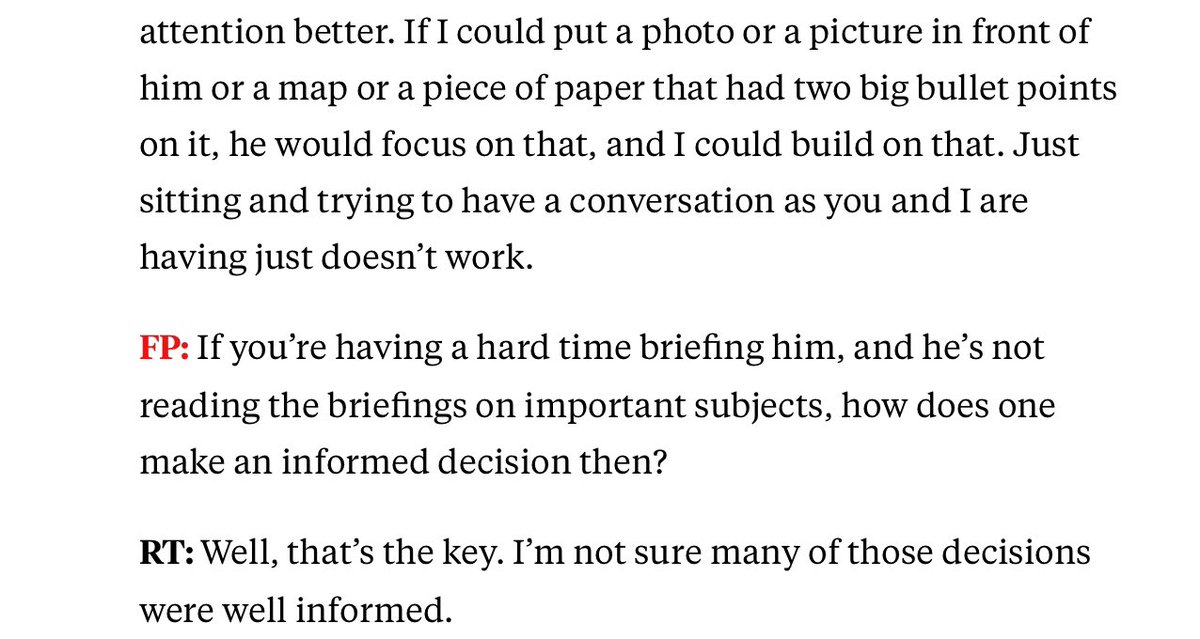 ...as we heard, Trump needed pictures and small bits of information,action to pay attention and still couldn’t manage to have a conversation. He was unbriefable and his decisions were based on ignorance...