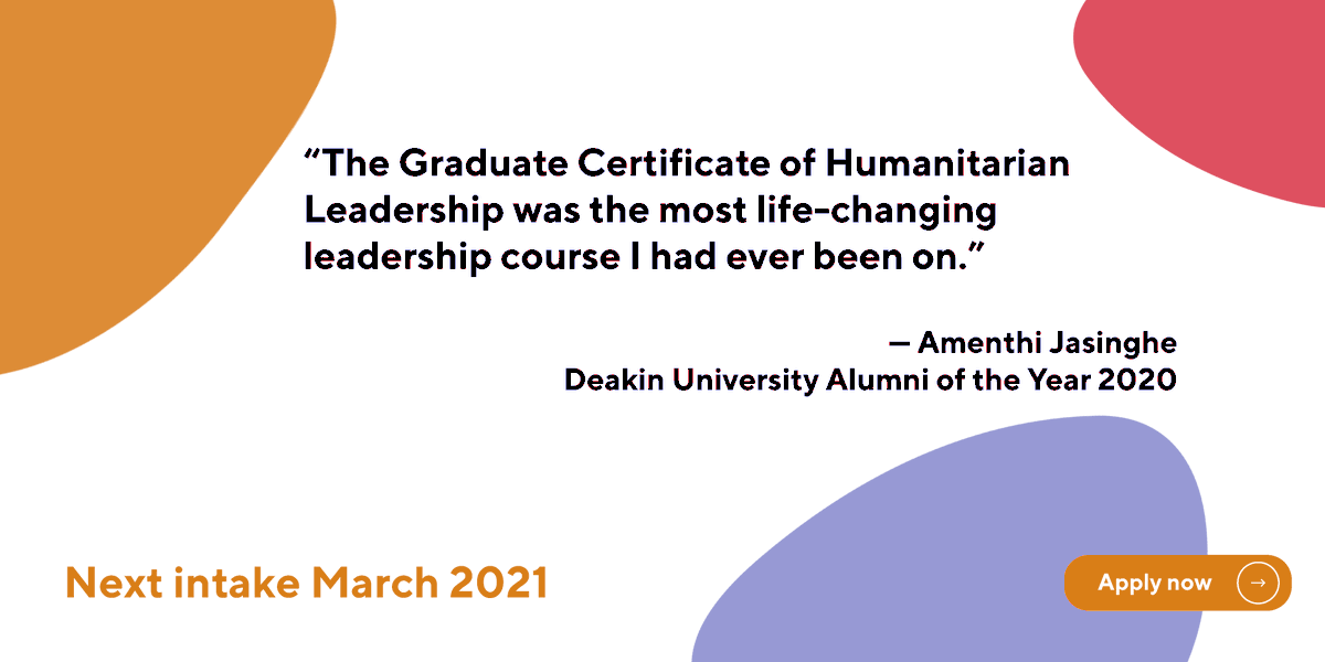 centrehl's tweet photo. @Deakin #Alumni of the Year 2020 @AmsJasi shares her experience undertaking the Graduate Certificate of Humanitarian Leadership (HLP) 💻https://t.co/cWpoKQDMtF
Apply for the #GCHL now ➡️https://t.co/nqMuU4jBnT https://t.co/el2TCrYT46