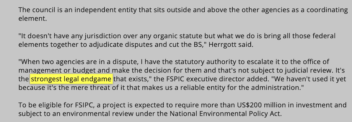 Why, is FAST-41 so great? As the head of the Fed Permitting Improvement Steering Council put it, “it’s the strongest legal endgame that exists” for certain projects. https://www.miningnewsnorth.com/story/2019/12/06/news/can-dc-agency-shorten-mine-permitting/6096.html?m=true