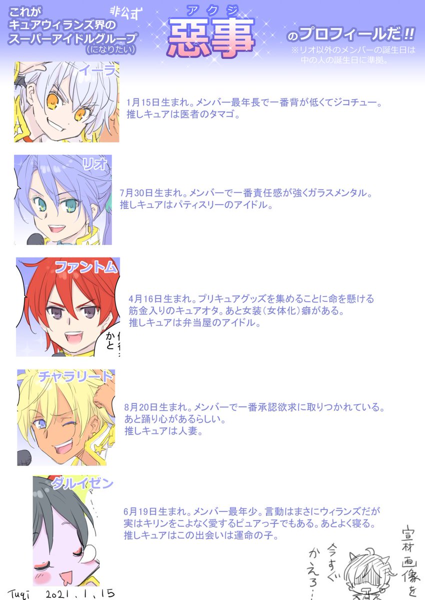 本日はイーラ君の誕生日(非公式)ということで、キュアウィランズ界のスーパーアイドルグループ(非公式)惡事がメンバー同士でプレゼントを送りあうようです??ついでにメンバーのプロフィール(非公式)も大公開✨